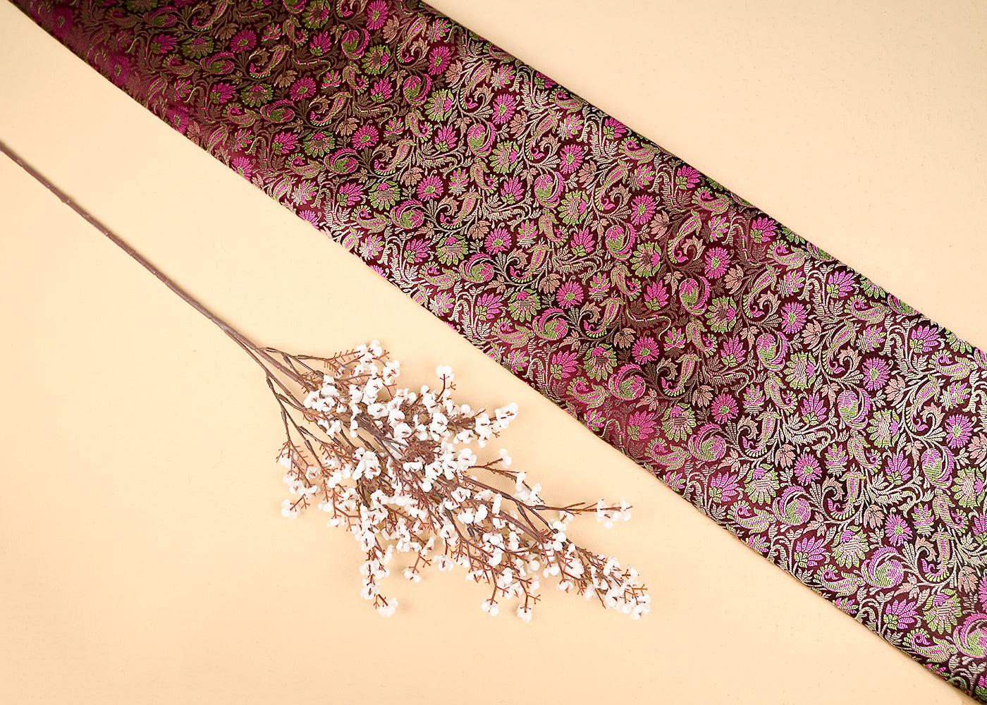 Wine Banarasi Brocade Fabric With All Over Thread And Zari Handloom 20792