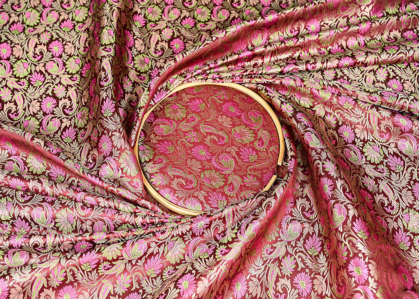 Wine Banarasi Brocade Fabric With All Over Thread And Zari Handloom 20792