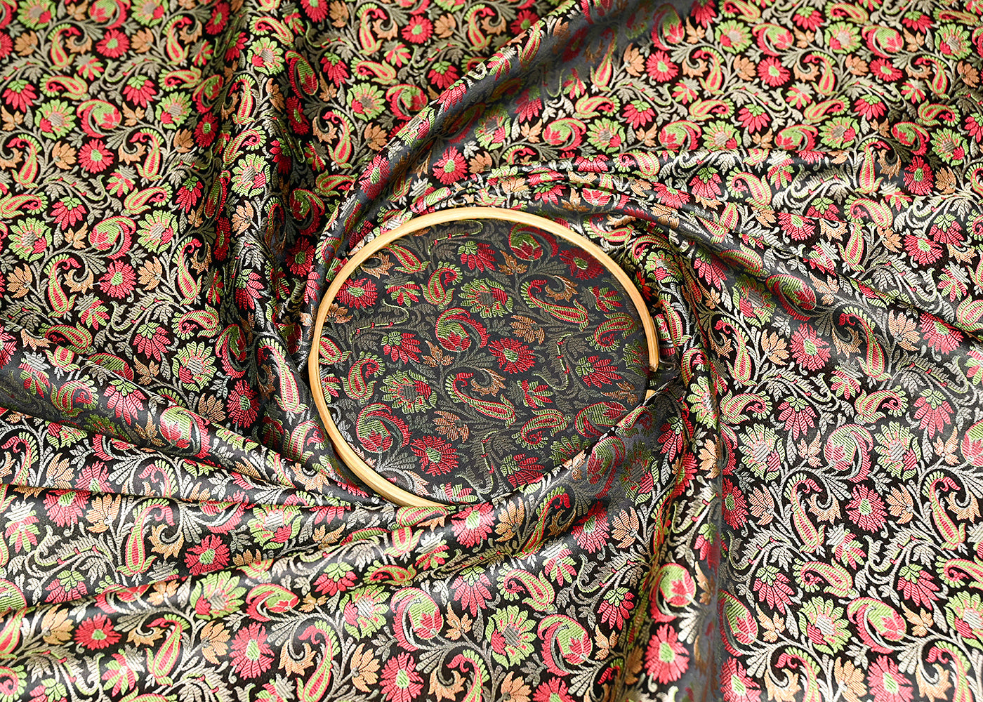 Black Banarasi Brocade Fabric With All Over Thread And Zari Handloom 20793