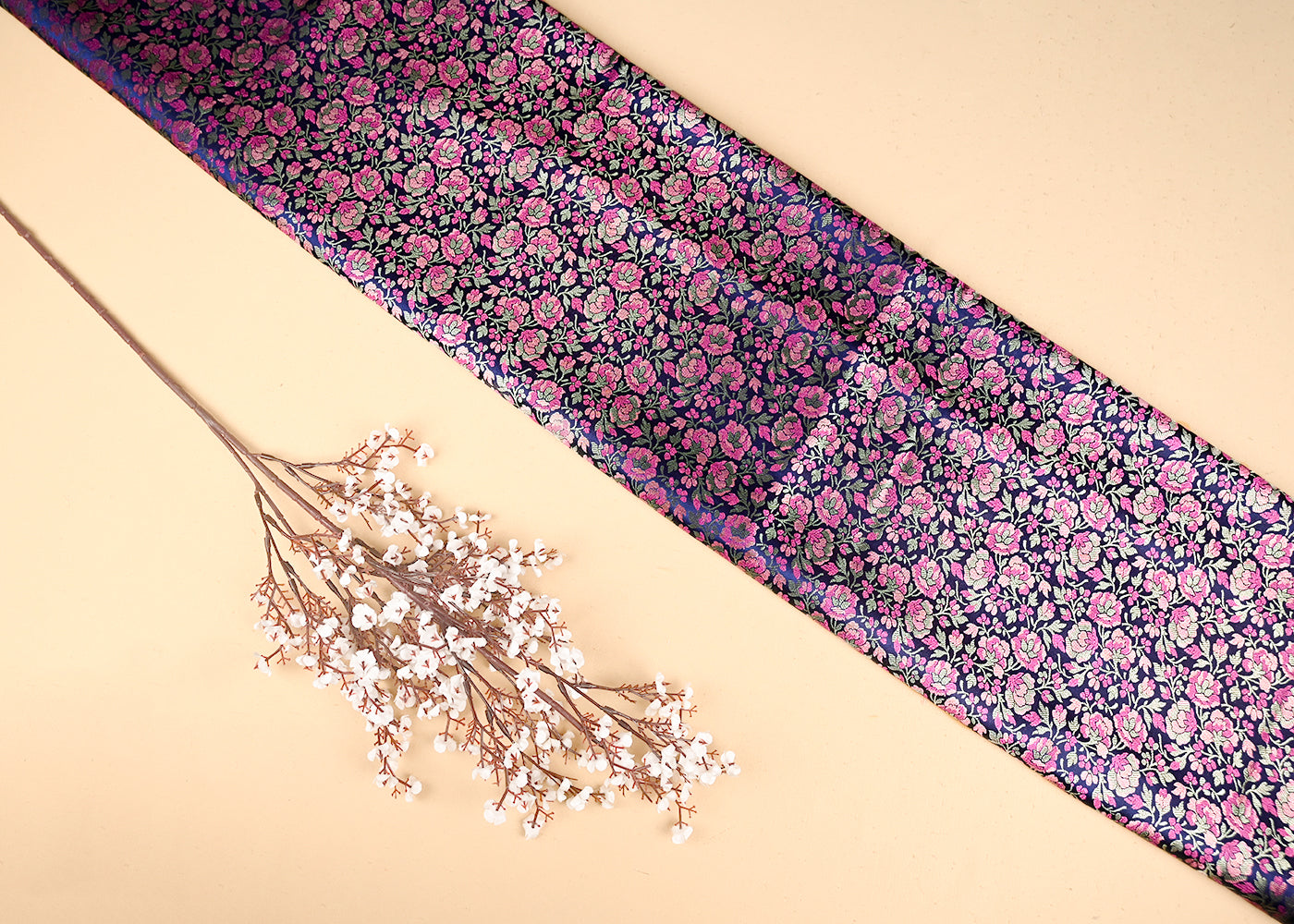 Navy Blue Banarasi Brocade Fabric With All Over Thread And Zari Handloom 20794