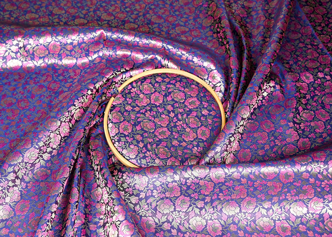 Navy Blue Banarasi Brocade Fabric With All Over Thread And Zari Handloom 20794