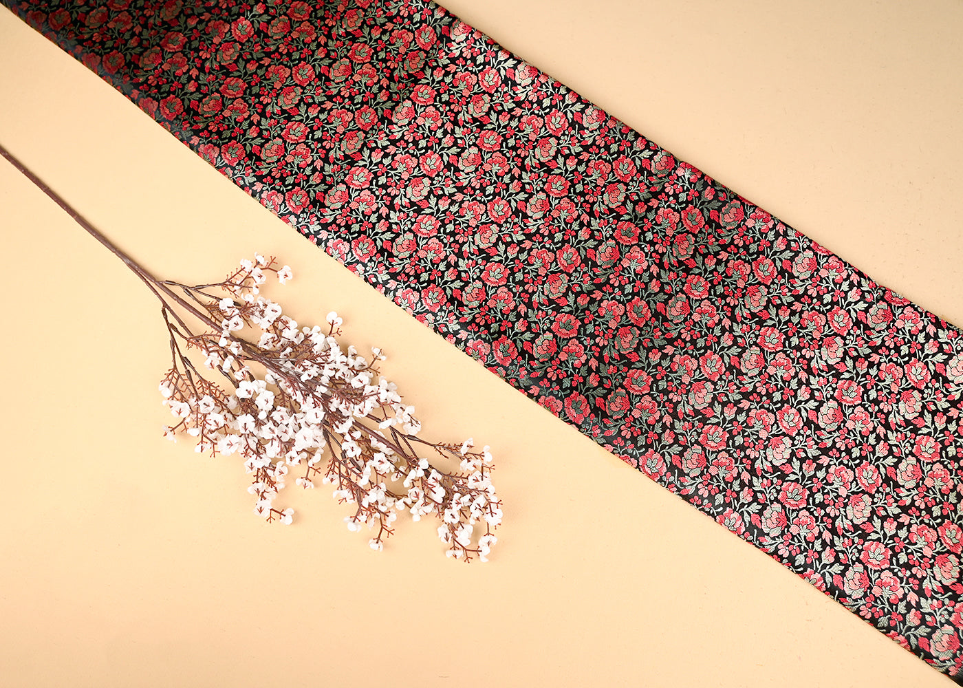 Black Banarasi Brocade Fabric With All Over Thread And Zari Handloom 20795