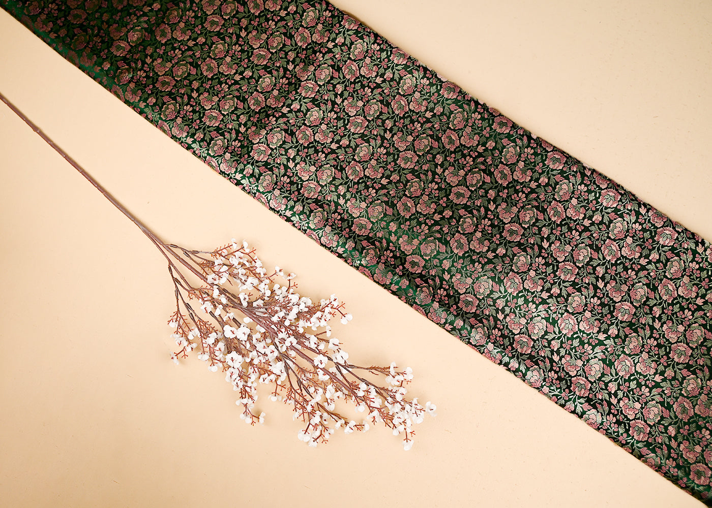 Green Banarasi Brocade Fabric With All Over Thread And Zari Handloom 20796