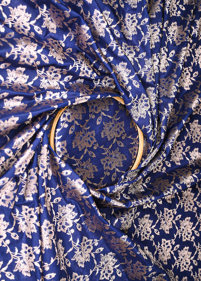 Navy Blue Banarasi Brocade Fabric With All Over Golden Zari Handloom 20810