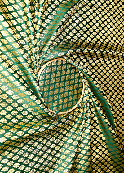 Bottle Green Banarasi Brocade Fabric With All Over Golden Zari Handloom 20828
