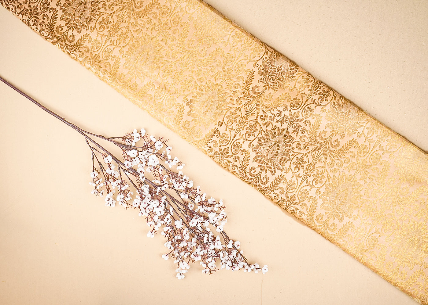 Peach-Banarasi-Brocade-Fabric-With-All-Over-Golden-Zari-Handloom-20846