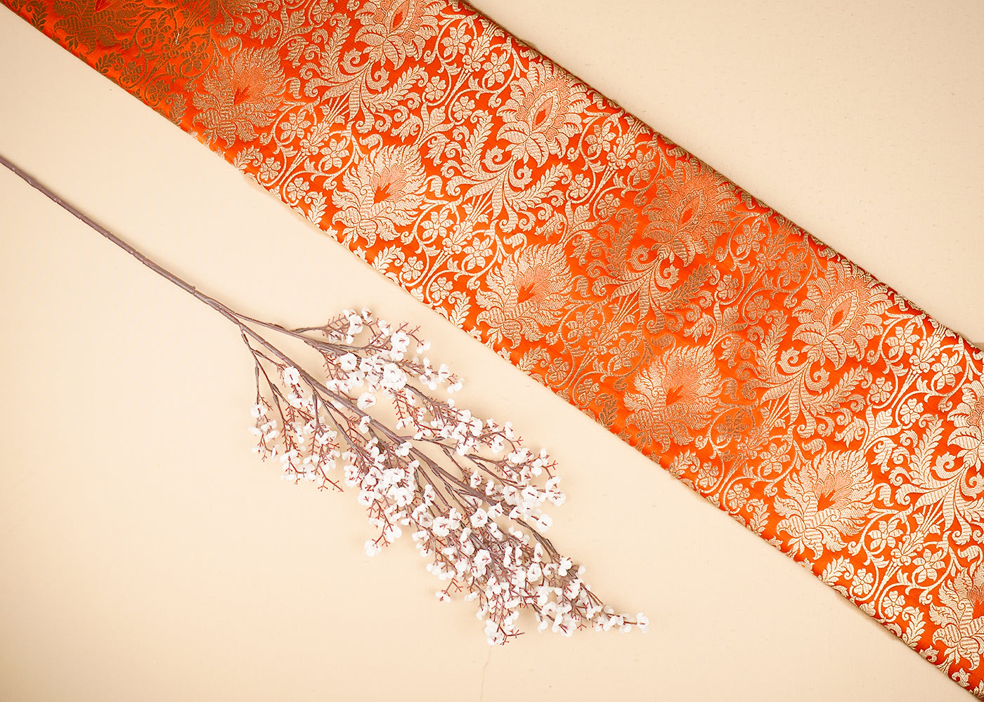 Orange Banarasi Brocade Fabric With All Over Golden Zari Handloom 20847