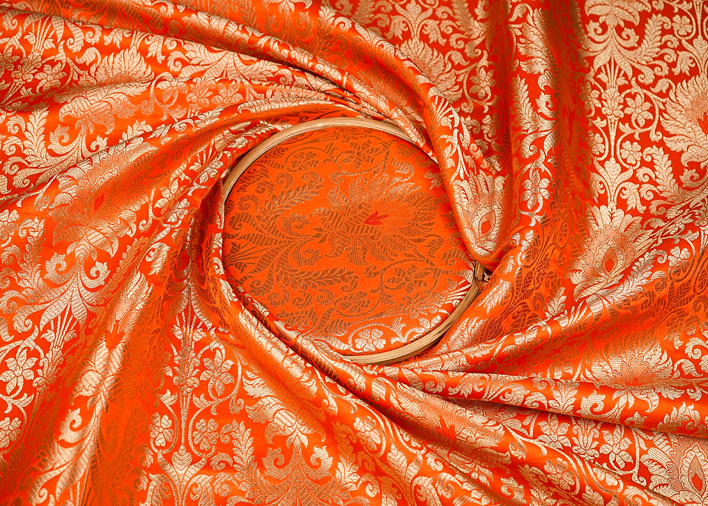 Orange Banarasi Brocade Fabric With All Over Golden Zari Handloom 20847