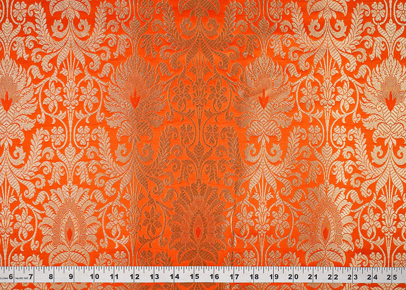 Orange Banarasi Brocade Fabric With All Over Golden Zari Handloom 20847