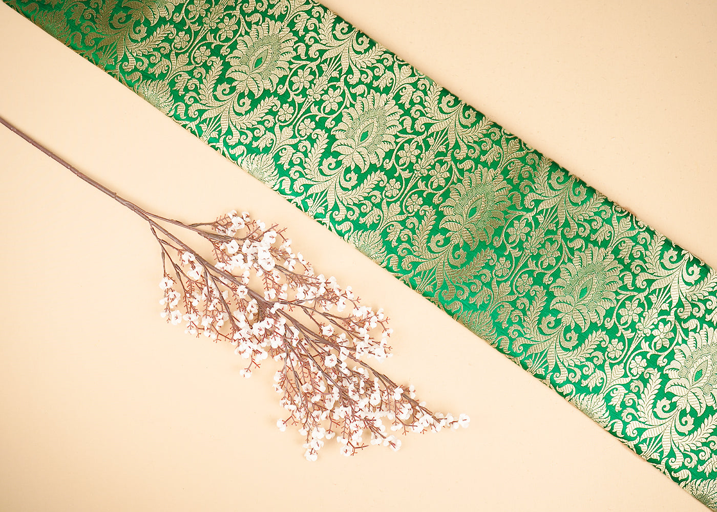 Light Green Banarasi Brocade Fabric With All Over Golden Zari Handloom 20849