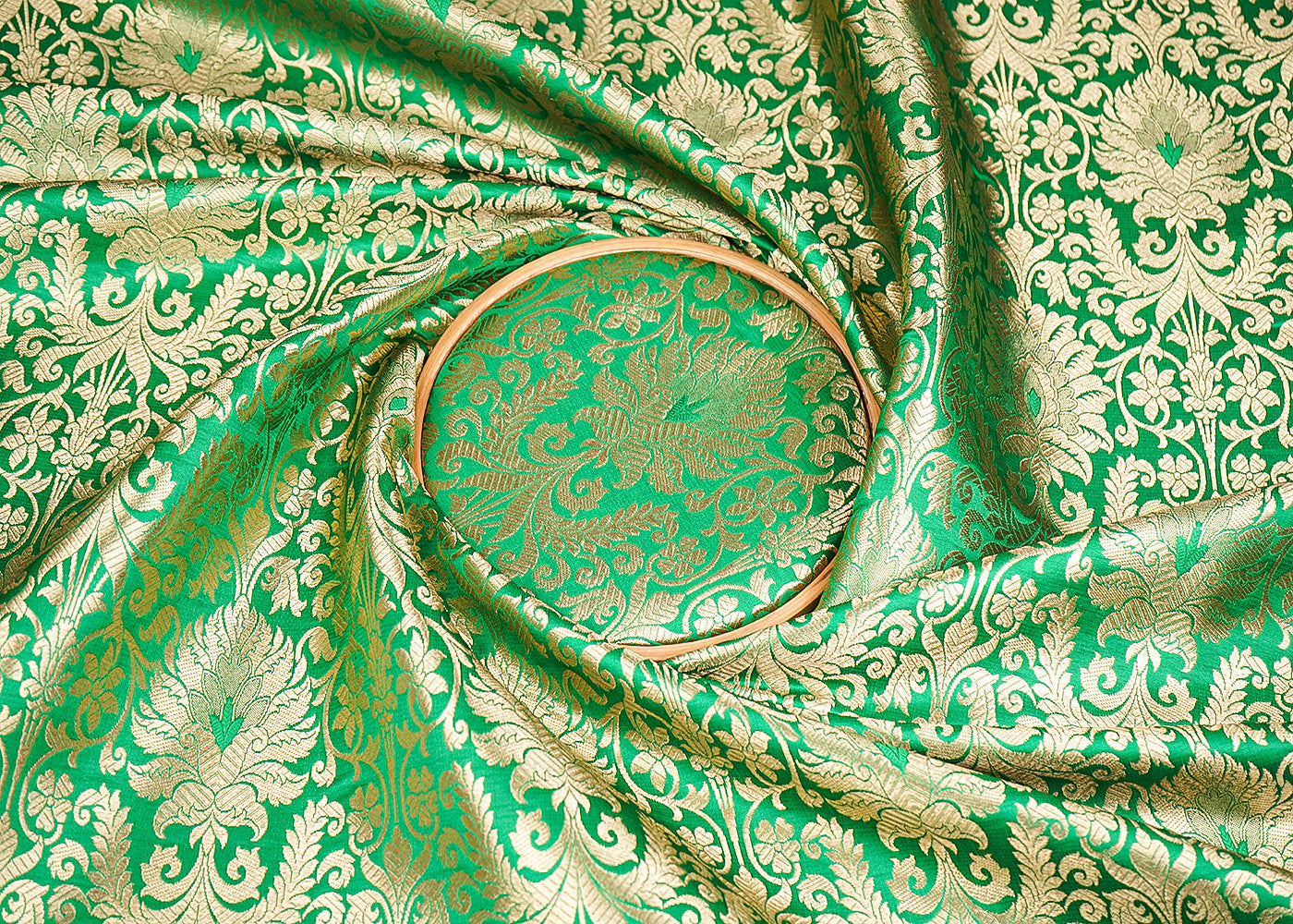Light Green Banarasi Brocade Fabric With All Over Golden Zari Handloom 20849