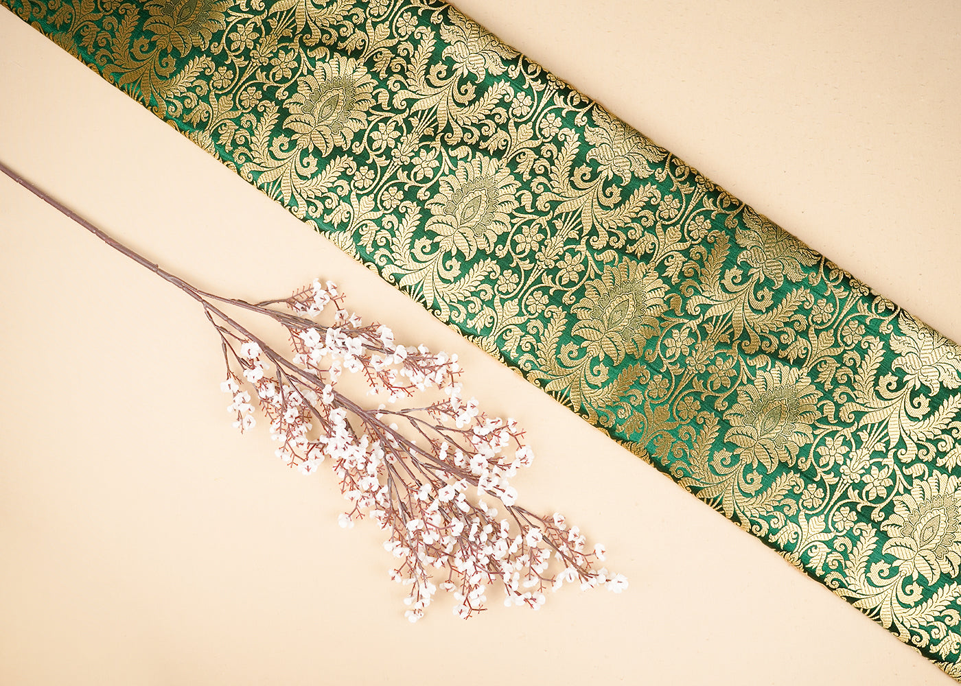Dark Green Banarasi Brocade Fabric With All Over Golden Zari Handloom 20851
