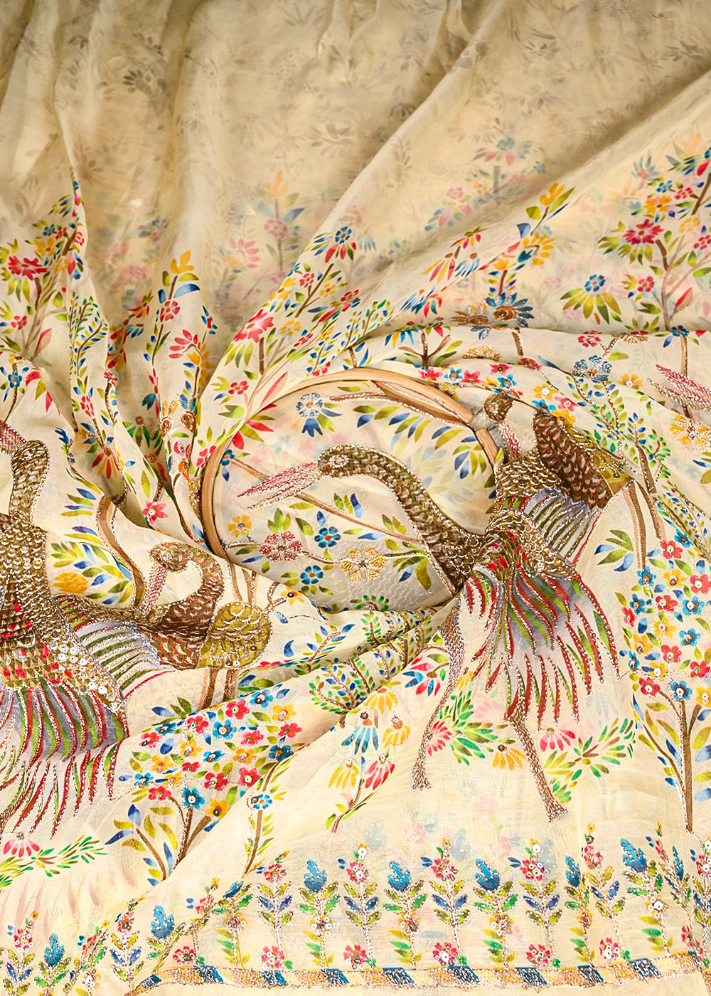 Cream Organza Fabric With All Over Traditional Print With Sequins And Zari Work With One Side Border 20853