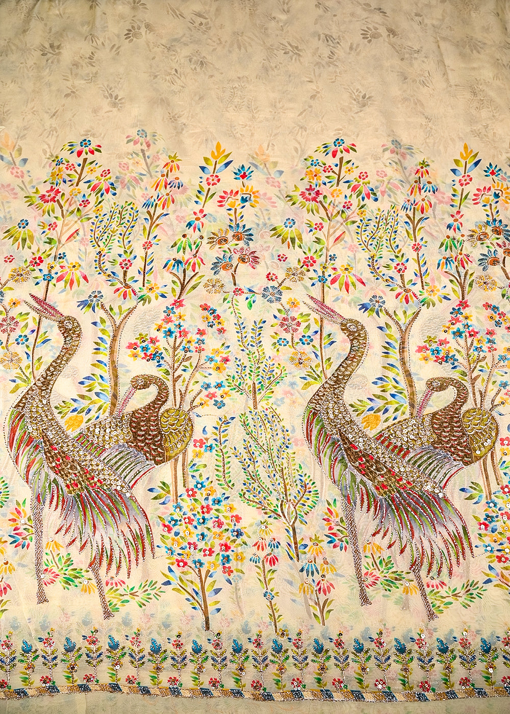 Cream Organza Fabric With All Over Traditional Print With Sequins And Zari Work With One Side Border 20853