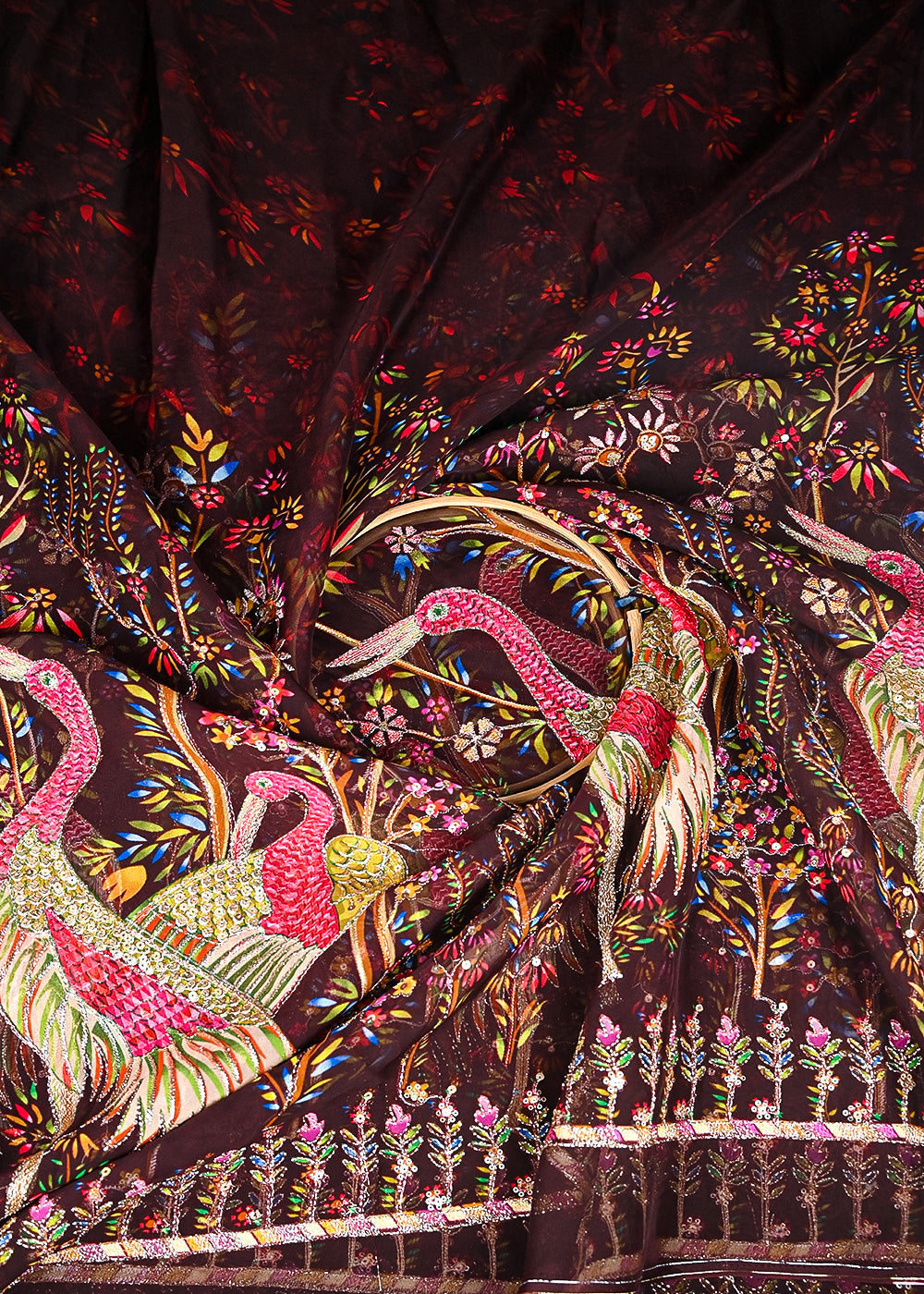 Brown Organza Fabric With All Over Traditional Print With Sequins And Zari Work With One Side Border 20854