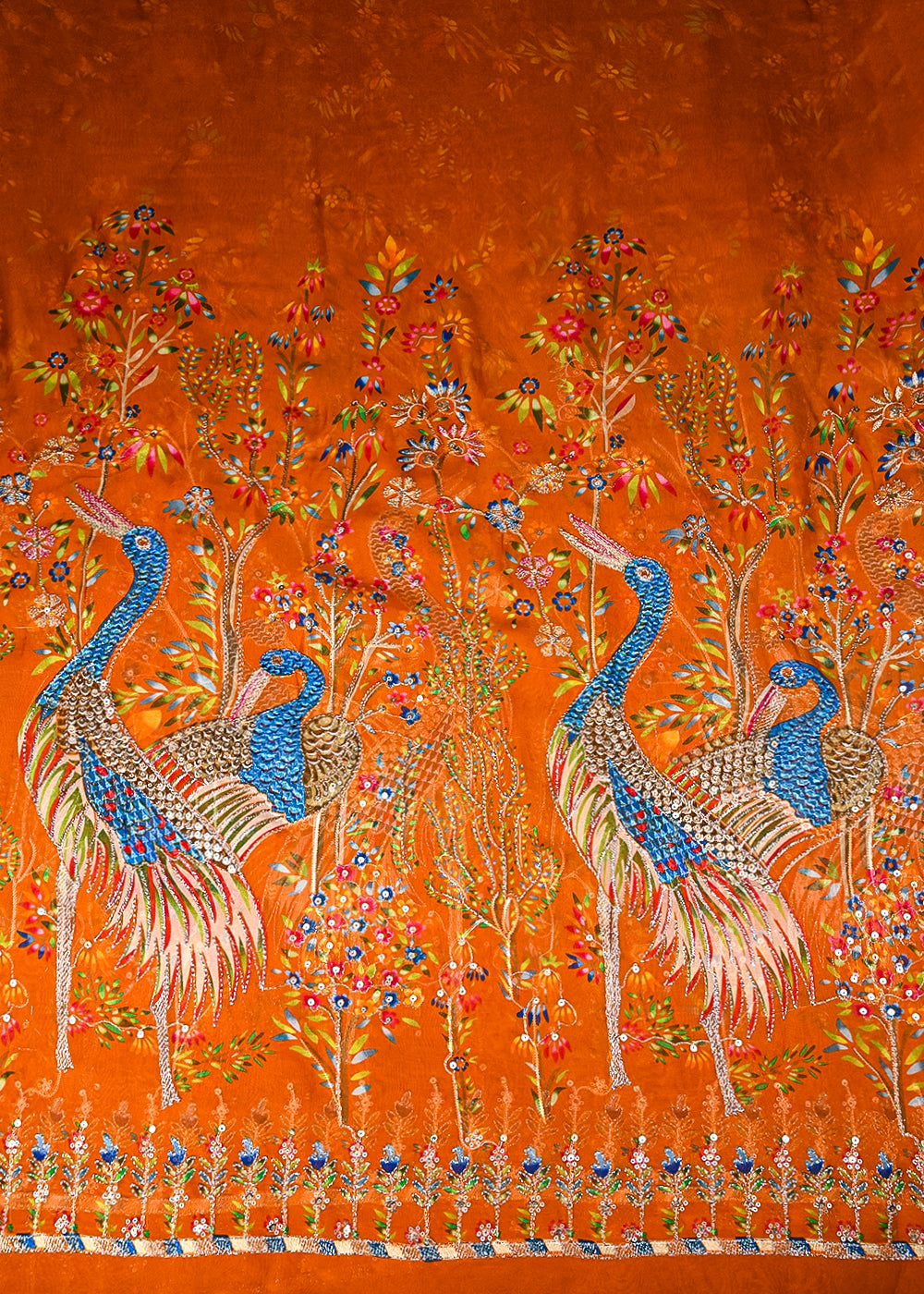 Orange Organza Fabric With All Over Traditional Print With Sequins And Zari Work With One Side Border 20855