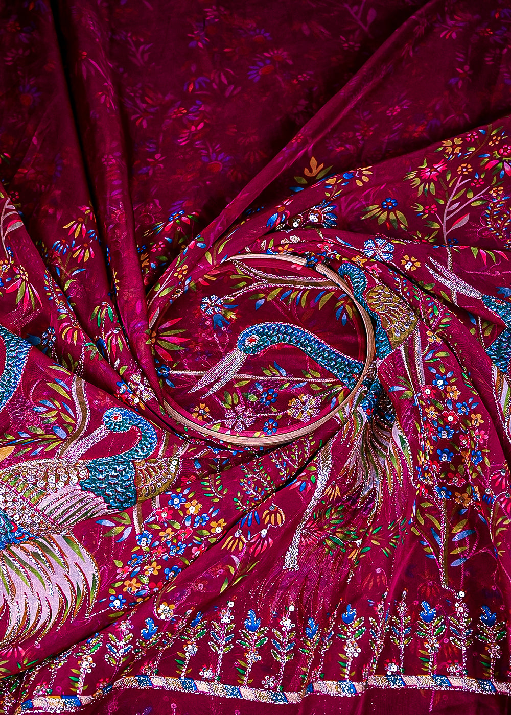 Wine Organza Fabric With All Over Traditional Print With Sequins And Zari Work With One Side Border 20856