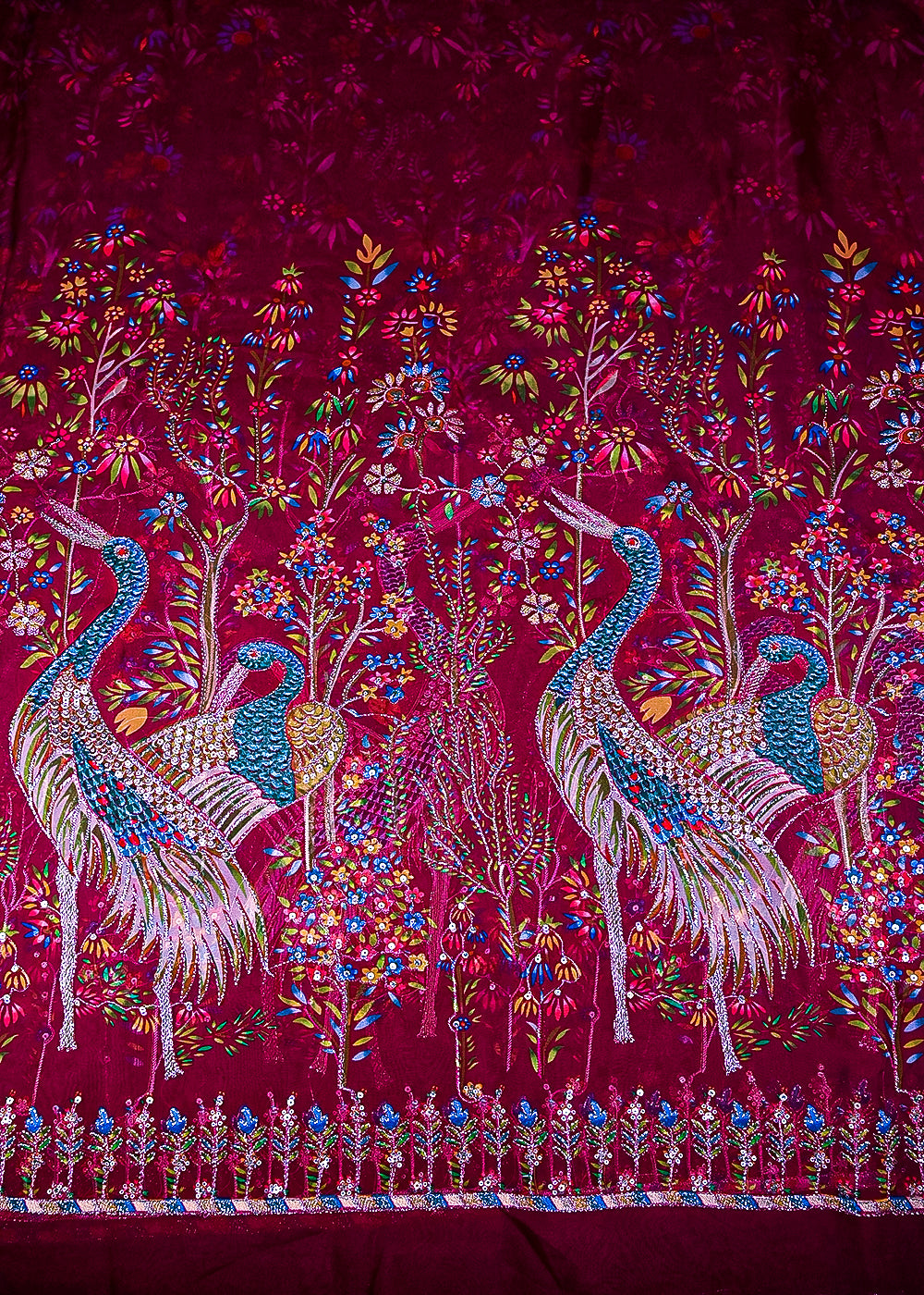Wine Organza Fabric With All Over Traditional Print With Sequins And Zari Work With One Side Border 20856