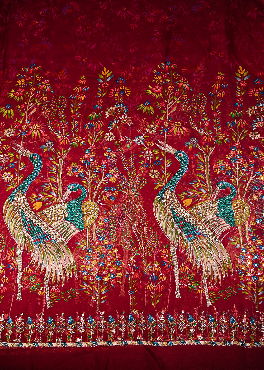 Navy Blue Organza Fabric With All Over Traditional Print With Sequins And Zari Work With One Side Border 20856