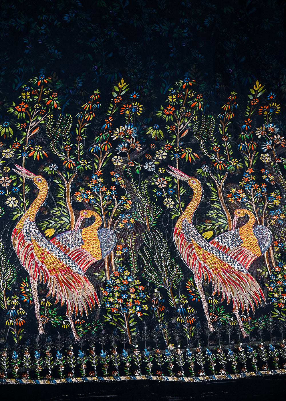 Wine Organza Fabric With All Over Traditional Print With Sequins And Zari Work With One Side Border 20857