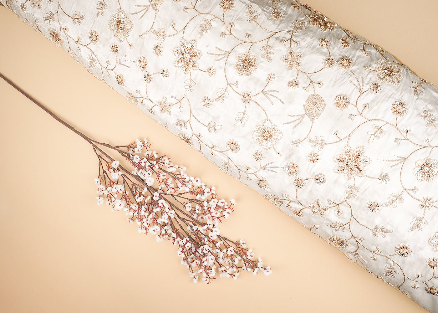 White Crepe Fabric With All Over Zari, Katdana And Sequins Work 20858
