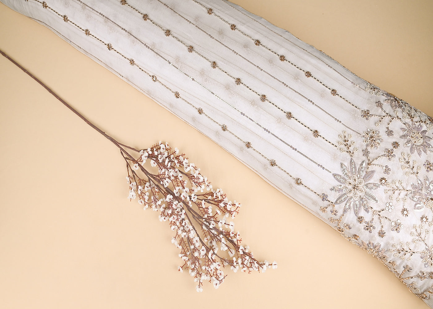 White Georgette Fabric With All Over Katdana, Zari, Bead And Sequins Work With One Side Border 20860