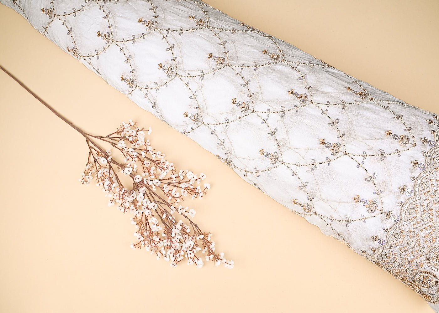 White Georgette Fabric With All Over Katdana, Zari, Bead And Sequins Work With One Side Border 20861