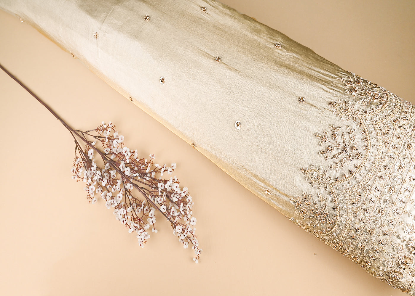 Golden Tissue Fabric With All Over Katdana, Zari, Bead And Sequins Work With One Side Border 20862