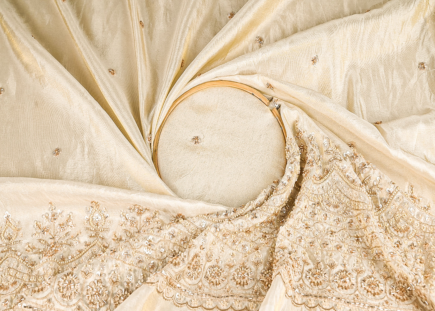 Golden Tissue Fabric With All Over Katdana, Zari, Bead And Sequins Work With One Side Border 20862