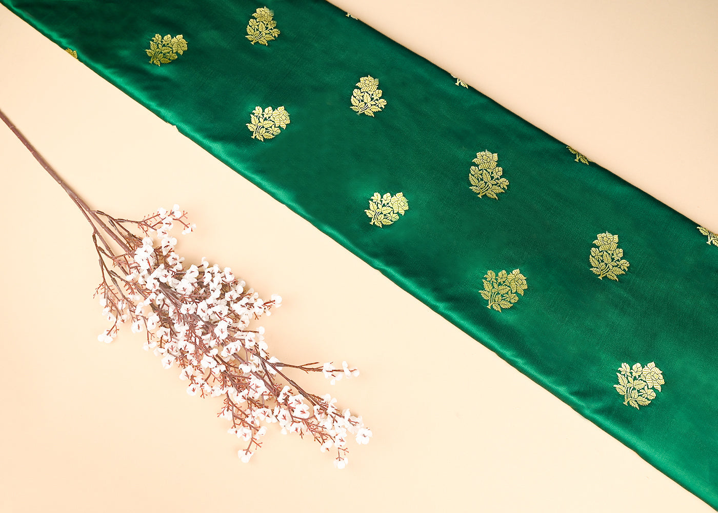 Rama-Green-Banarasi-Silk-Fabric-With-All-Over-Buti-Of-Golden-Zari-Handloom-20872