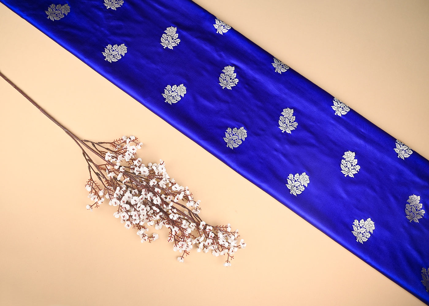 Royal Blue Banarasi Silk Fabric With All Over Buti Of Golden Zari Handloom 20878