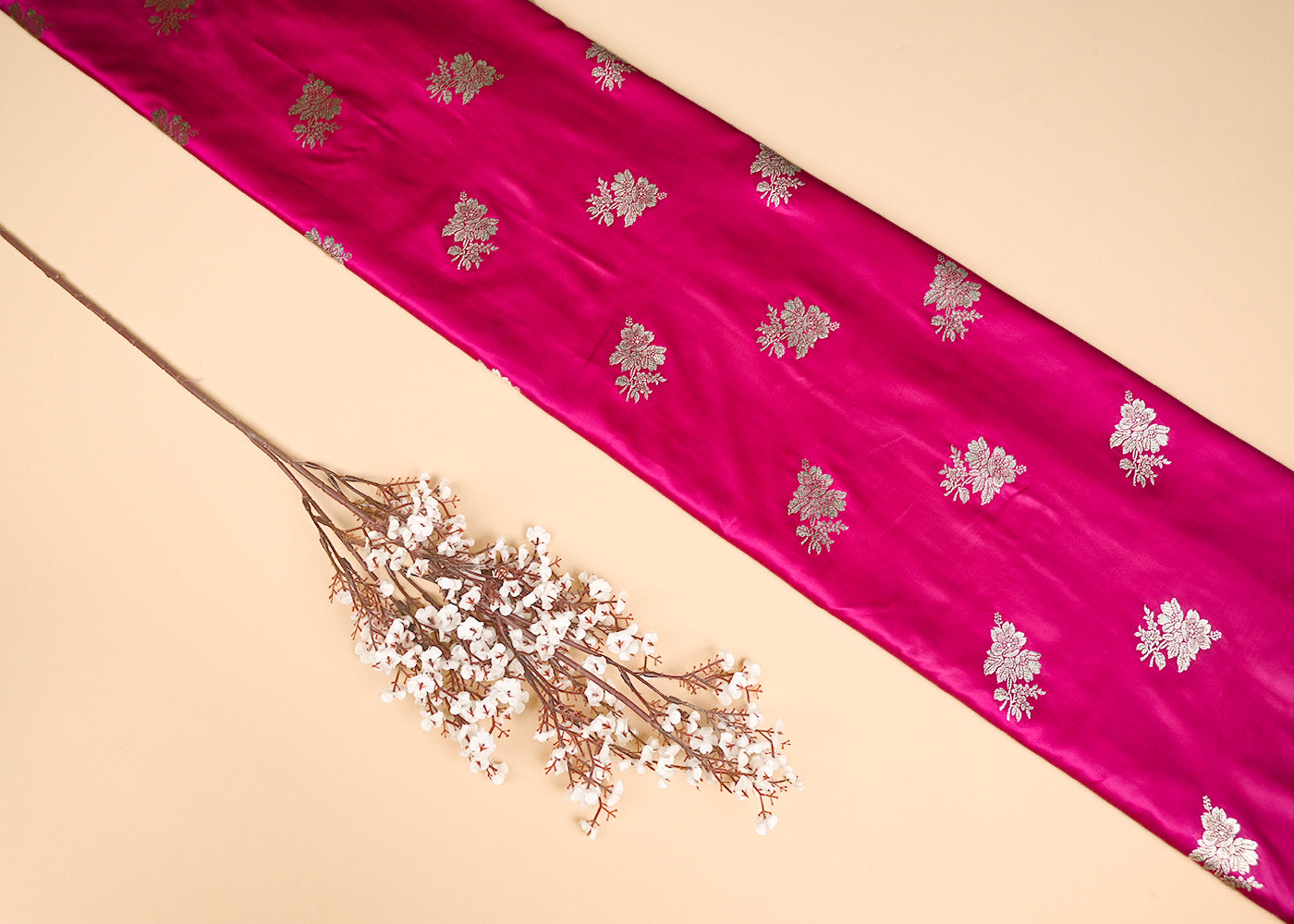 Rani-Pink-Banarasi-Silk-Fabric-With-All-Over-Buti-Of-Golden-Zari-Handloom-20883