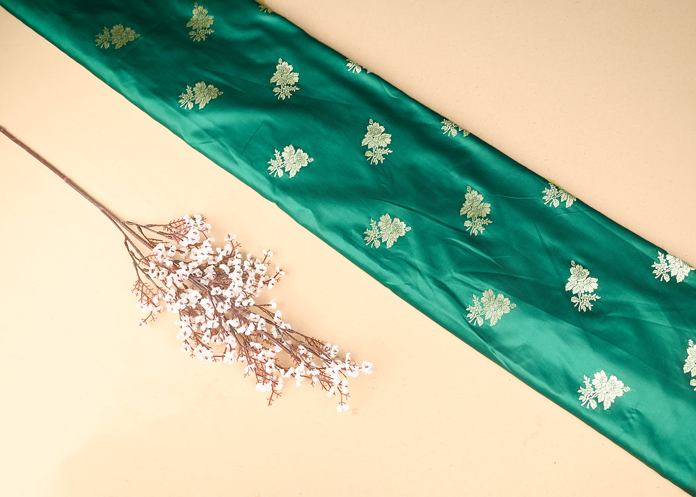 Rama-Green-Banarasi-Silk-Fabric-With-All-Over-Buti-Of-Golden-Zari-Handloom-20886