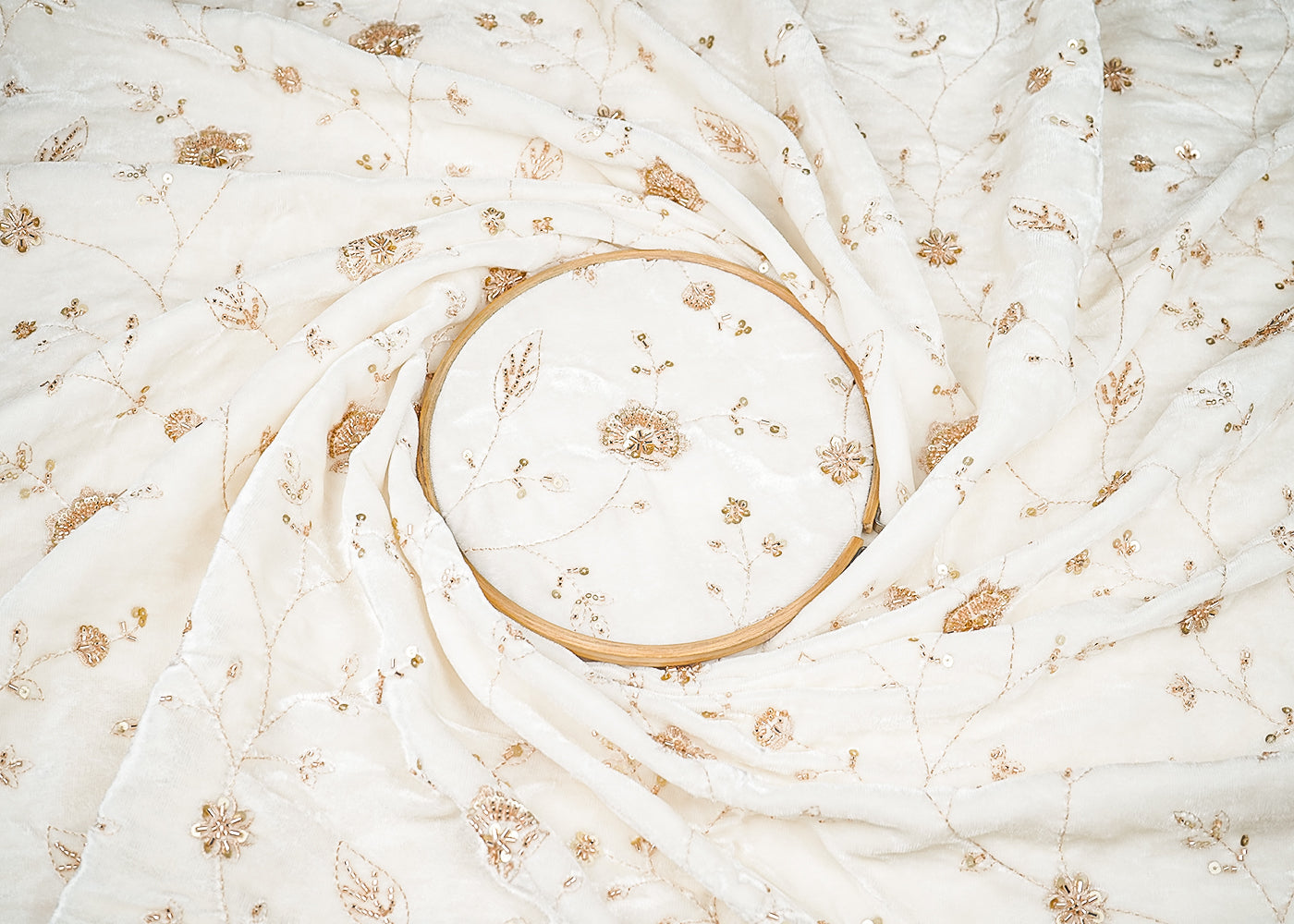 White Velvet Fabric With All Over Sequins, Zari, Katdana Work 20896