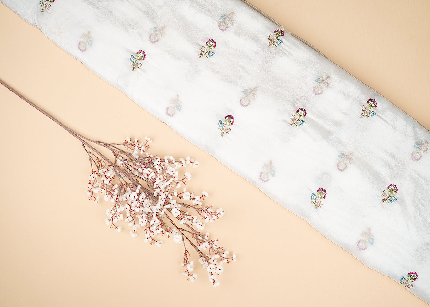 White Chinon Chiffon Fabric With All Over Thread, Bead, Katdana And Sequins Work 20899