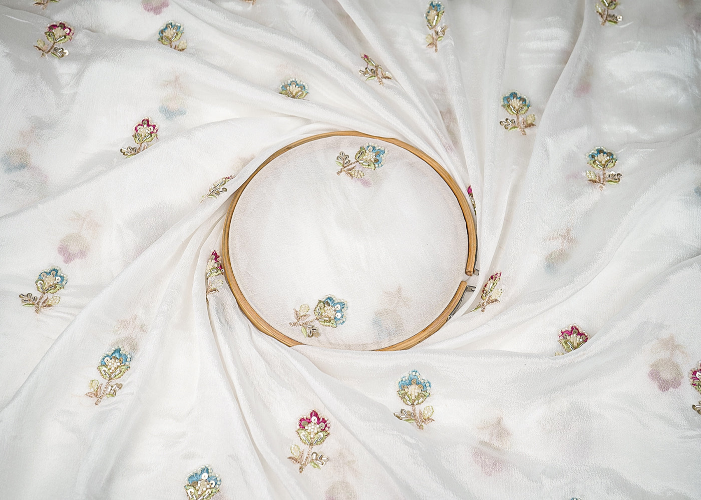 White Chinon Chiffon Fabric With All Over Thread, Bead, Katdana And Sequins Work 20901