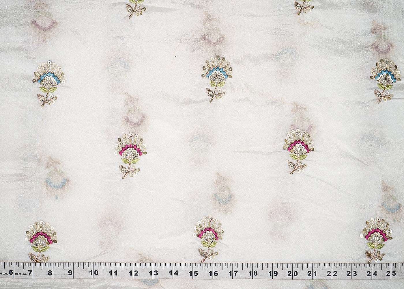 White Chinon Chiffon Fabric With All Over Thread, Bead, Katdana And Sequins Work 20902