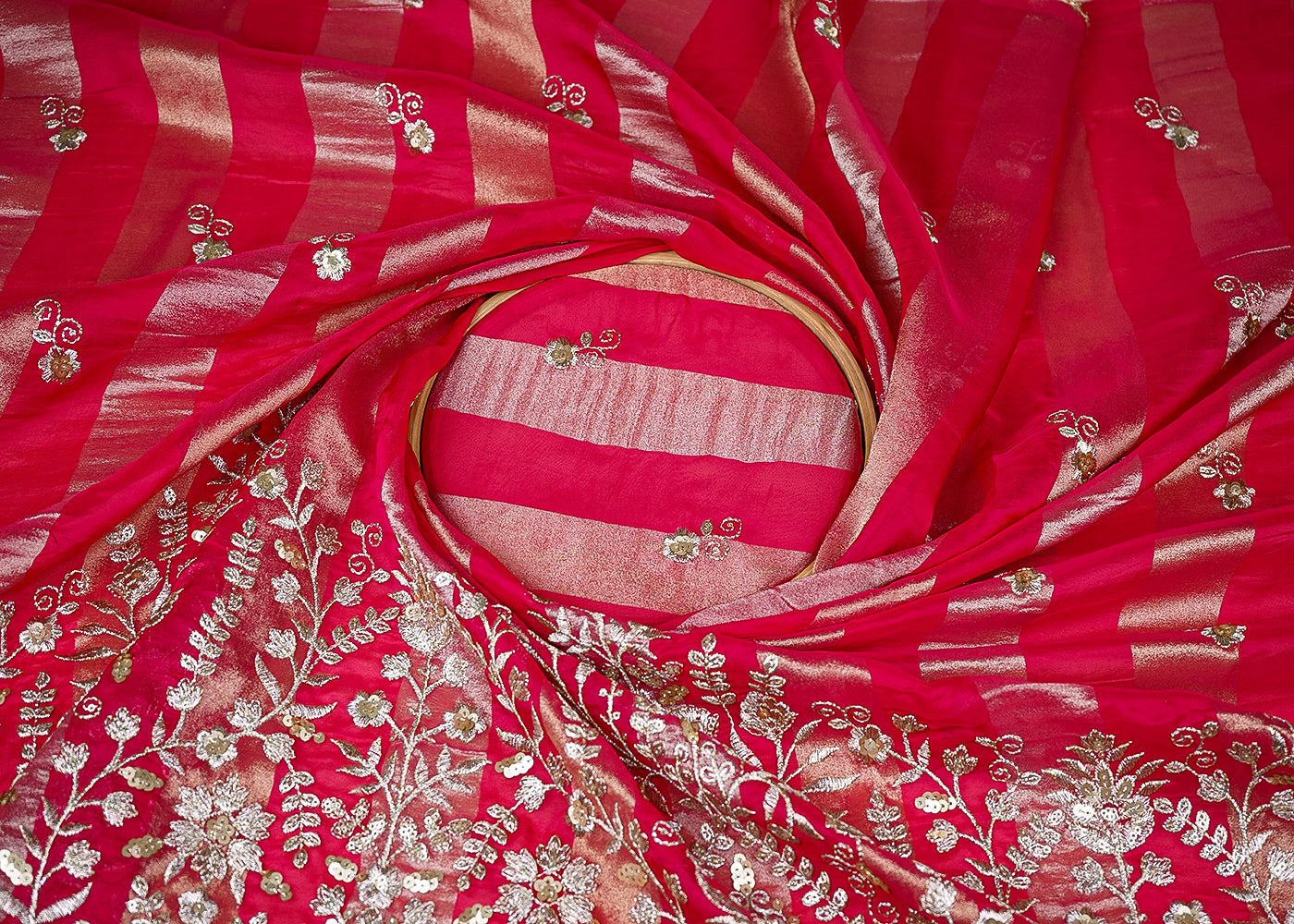 Rani Pink Organza Tissue Striped Fabric With Buti of Zari and Sequins with One Side Heavy Border Work 20903