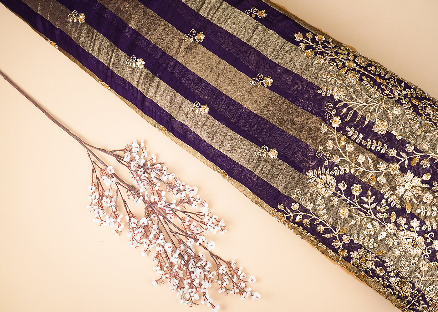 Purple Organza Tissue Striped Fabric With Buti of Zari and Sequins with One Side Heavy Border Work 20904