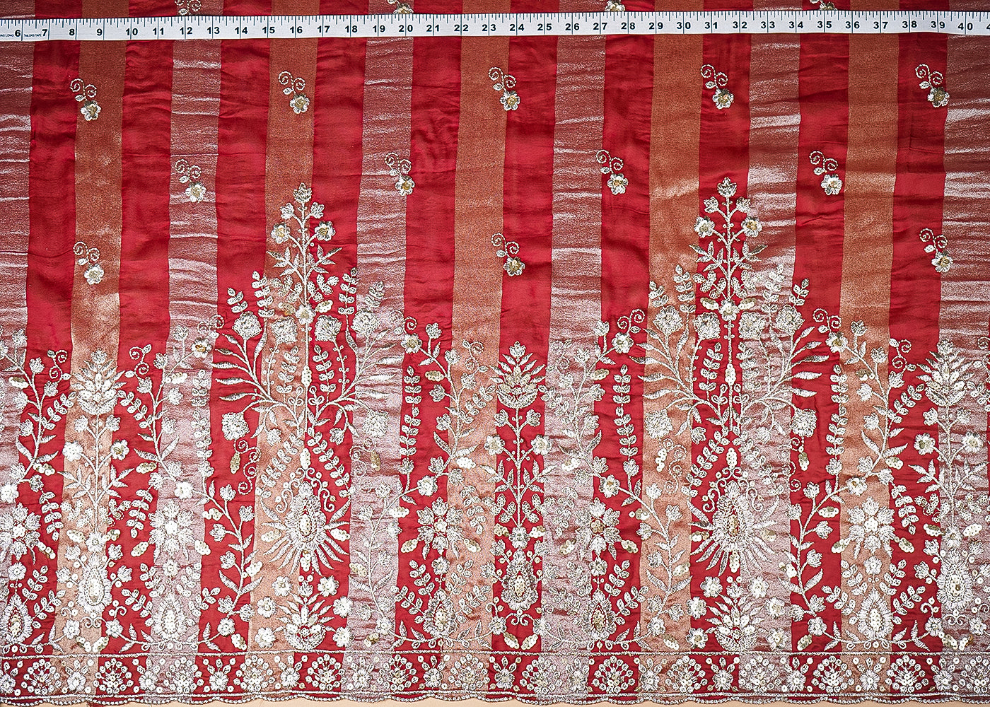 Maroon Organza Tissue Striped Fabric With Buti of Zari and Sequins with One Side Heavy Border Work 20905