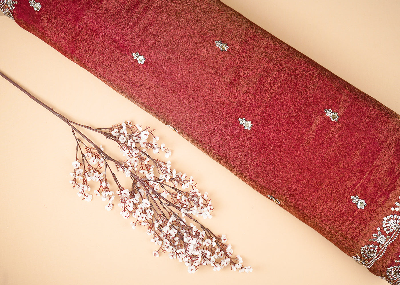 Maroon Tissue Dupatta Fabric with Allover Buti of Zari and Sequins Work with Both Side Border 20906