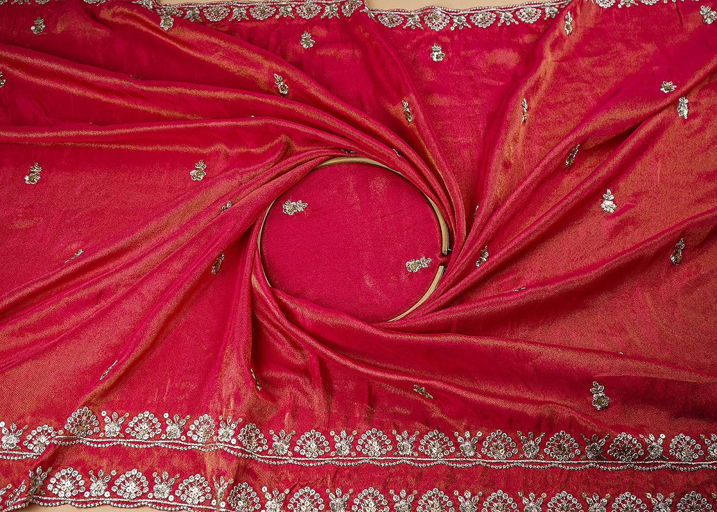 Rani Pink Tissue Dupatta Fabric with Allover Buti of Zari and Sequins Work with Both Side Border 20908