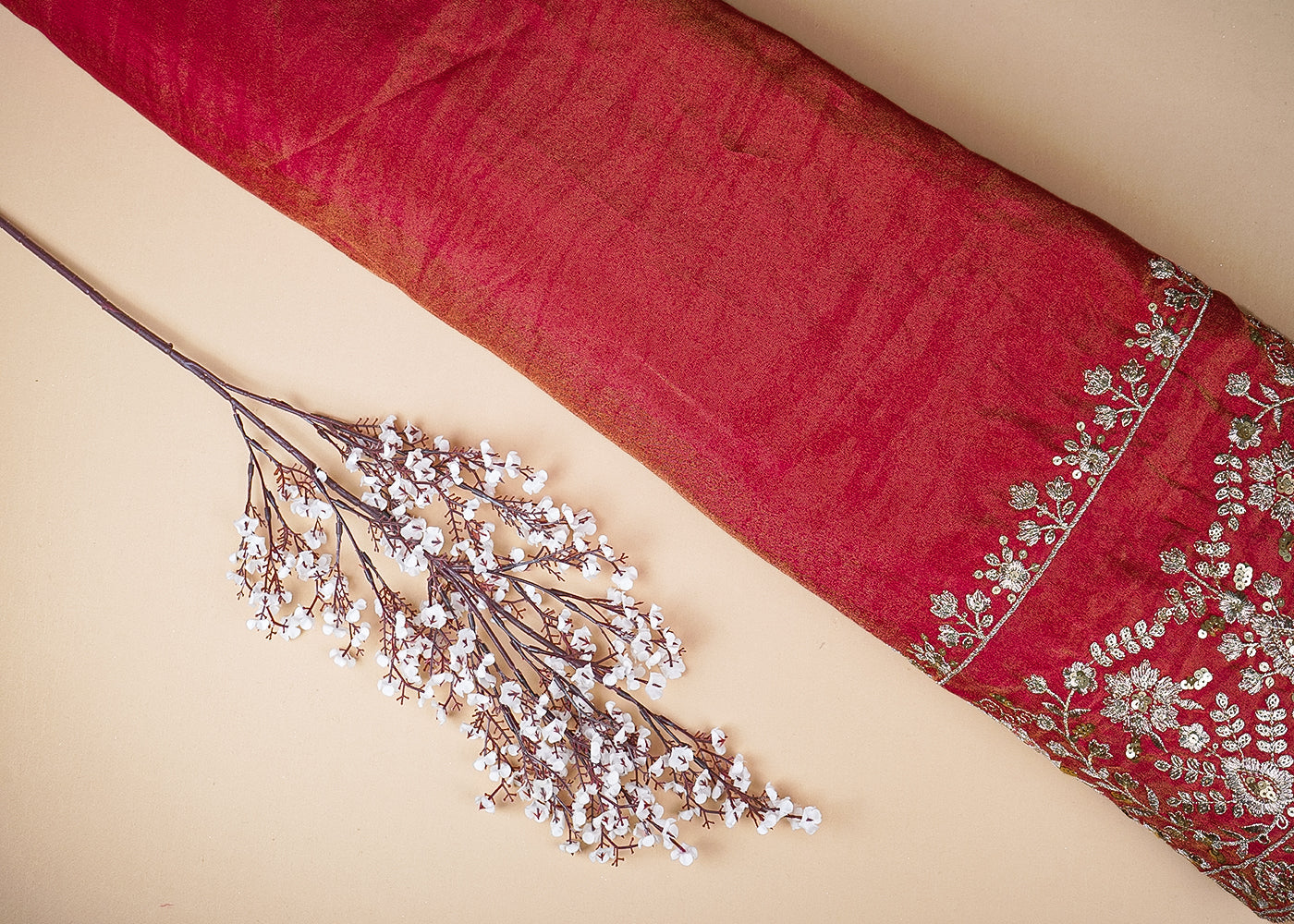 Rani Pink Tissue Fabric with Heavy Border of Zari and Sequins Work 20909