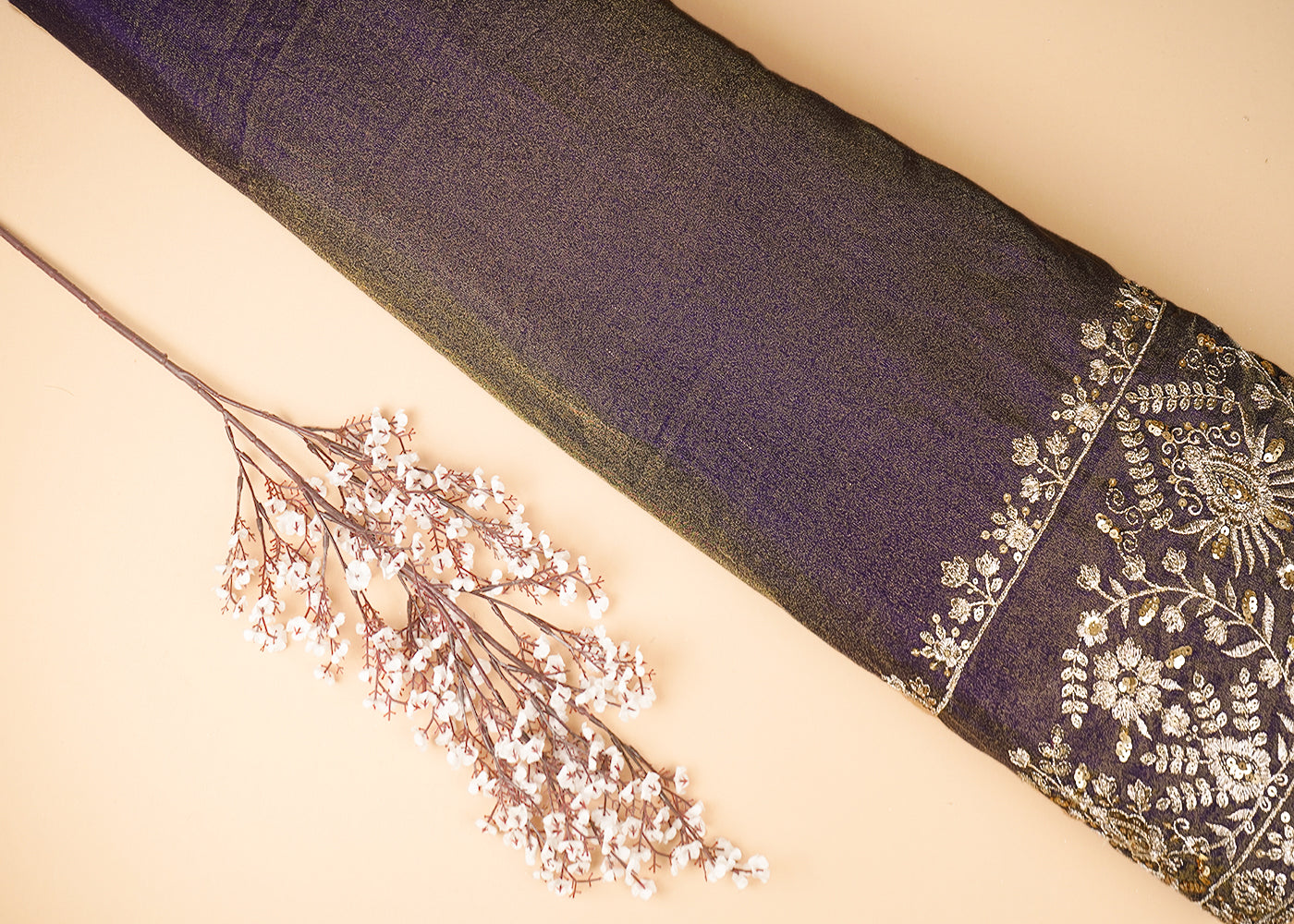 Purple Tissue Fabric with Heavy Border of Zari and Sequins Work 20910