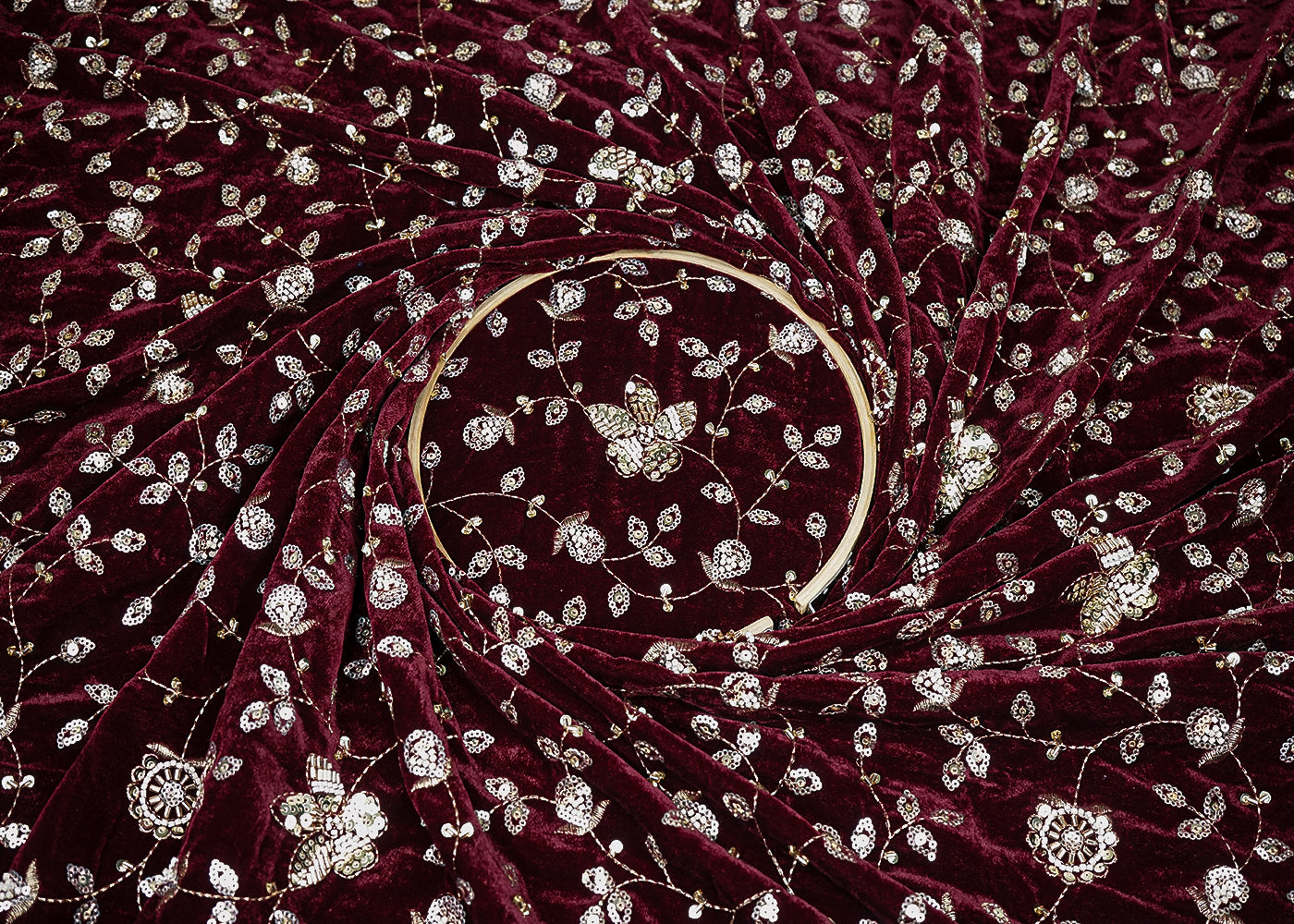 Maroon Velvet Fabric With All Over Sequins, Katdana, Zari And Bead 20912