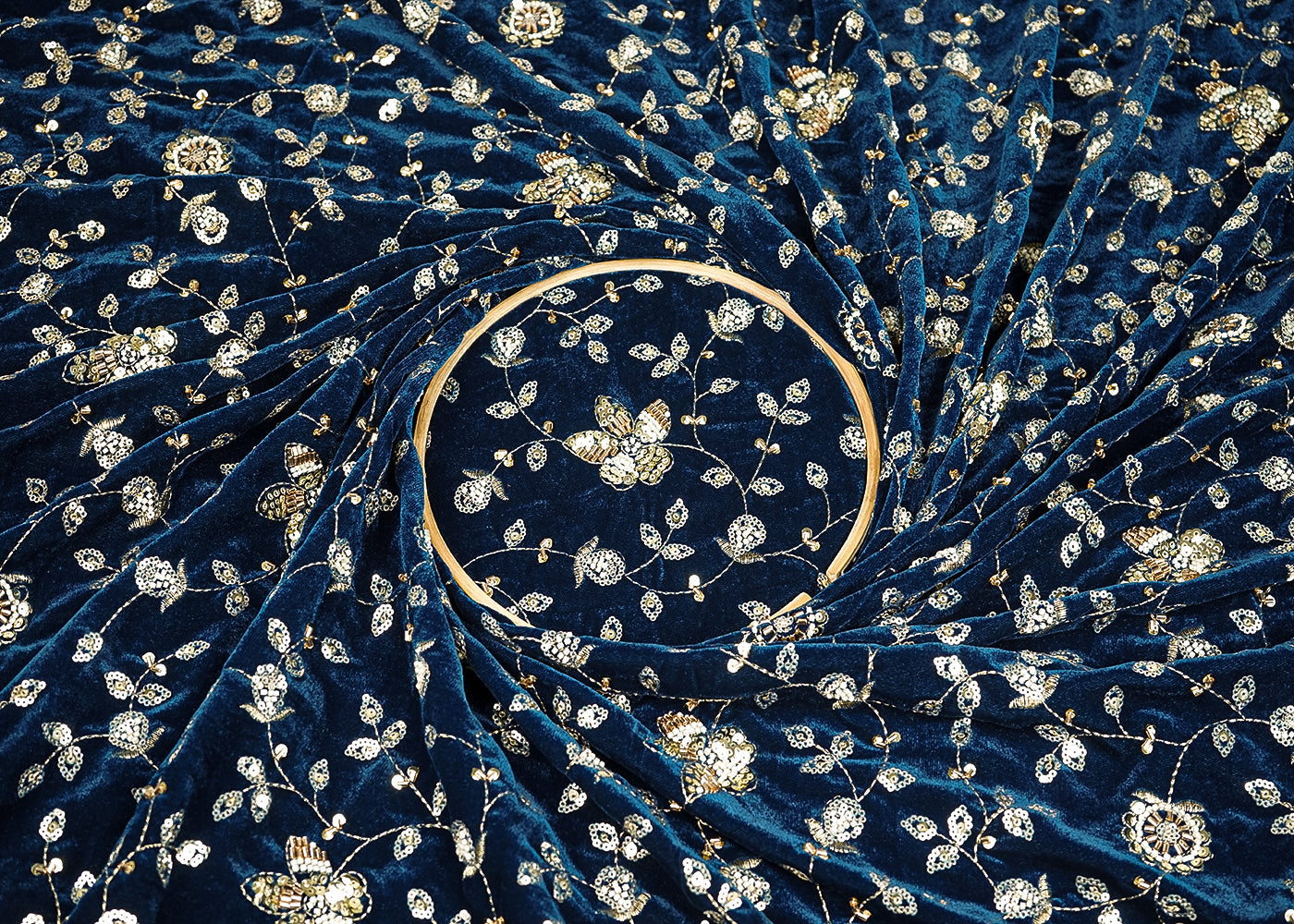 Teal Blue Velvet Fabric With All Over Sequins, Katdana, Zari And Bead 20913