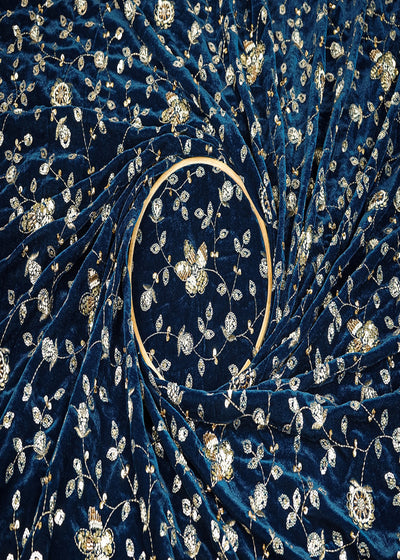 Teal Blue Velvet Fabric With All Over Sequins, Katdana, Zari And Bead 20913