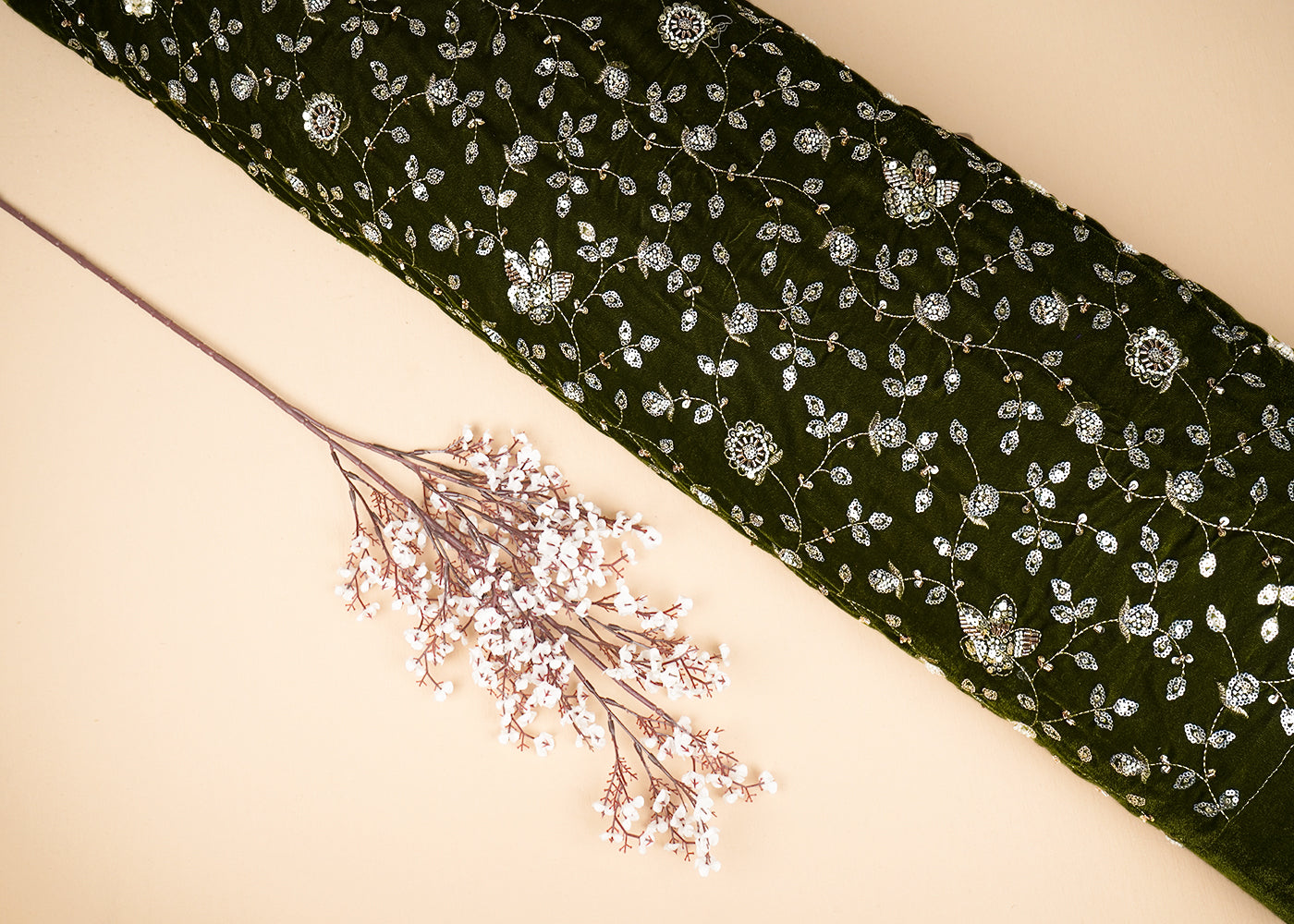 Mehendi Green Velvet Fabric With All Over Sequins, Katdana, Zari And Bead 20914