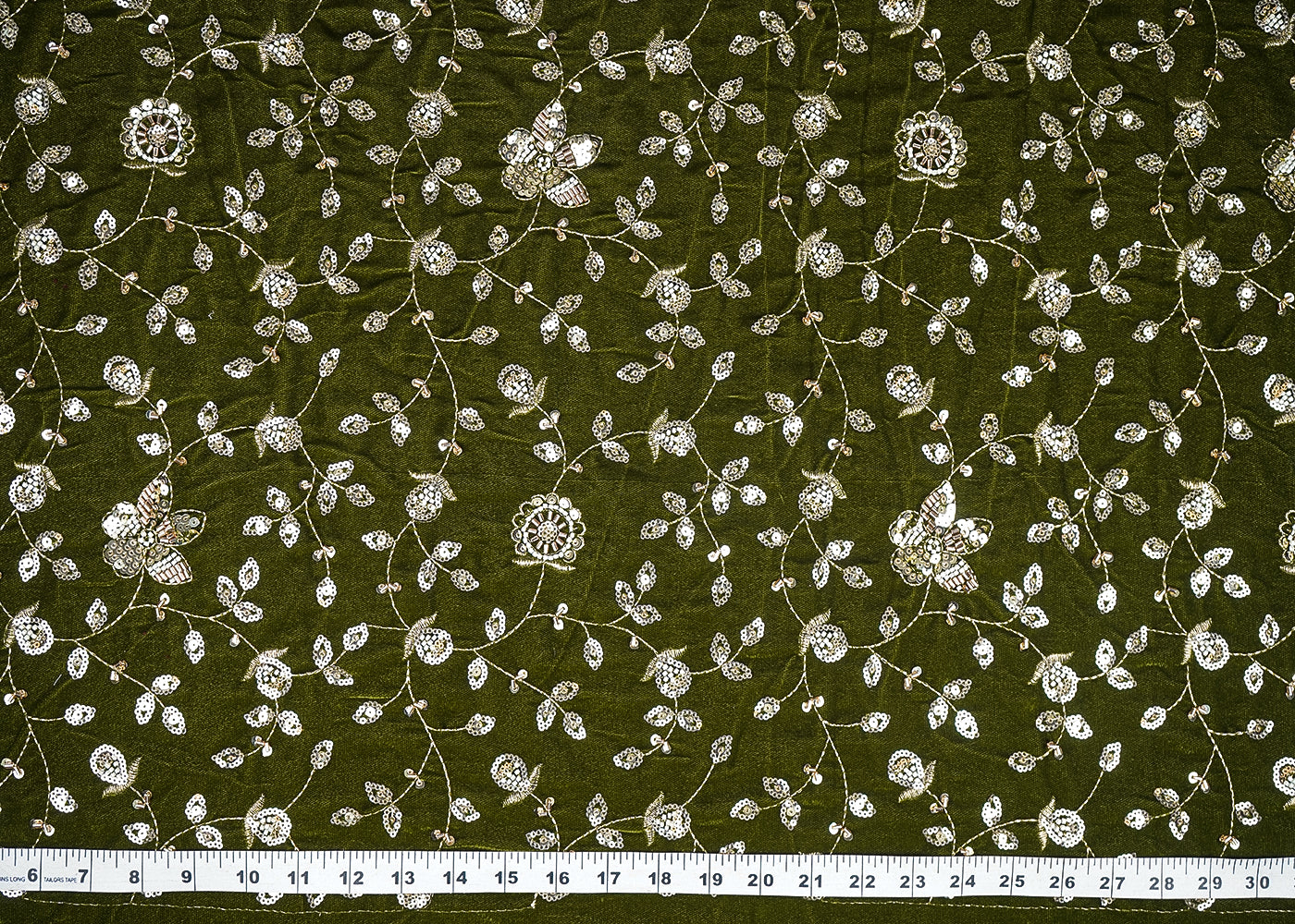 Mehendi Green Velvet Fabric With All Over Sequins, Katdana, Zari And Bead 20914