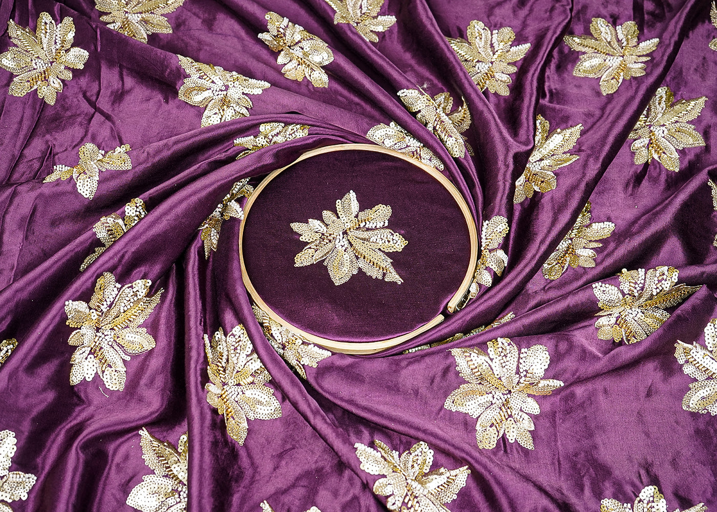Deep Purple Silk Fabric With All Over Sequins, Bead And Katdana 20915